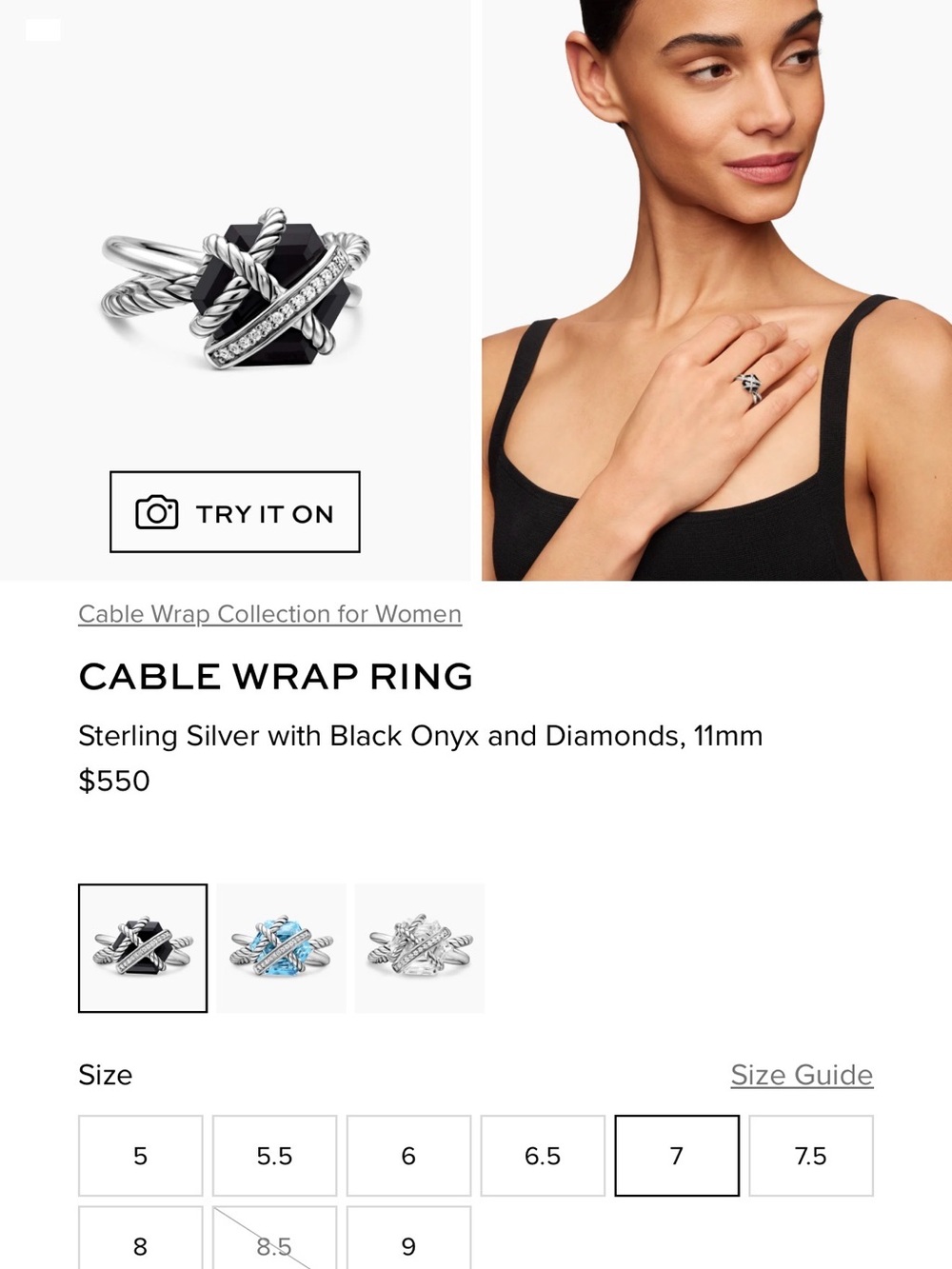 David Yurman Sterling Silver Ring with Black Onyx and Diamond Accents